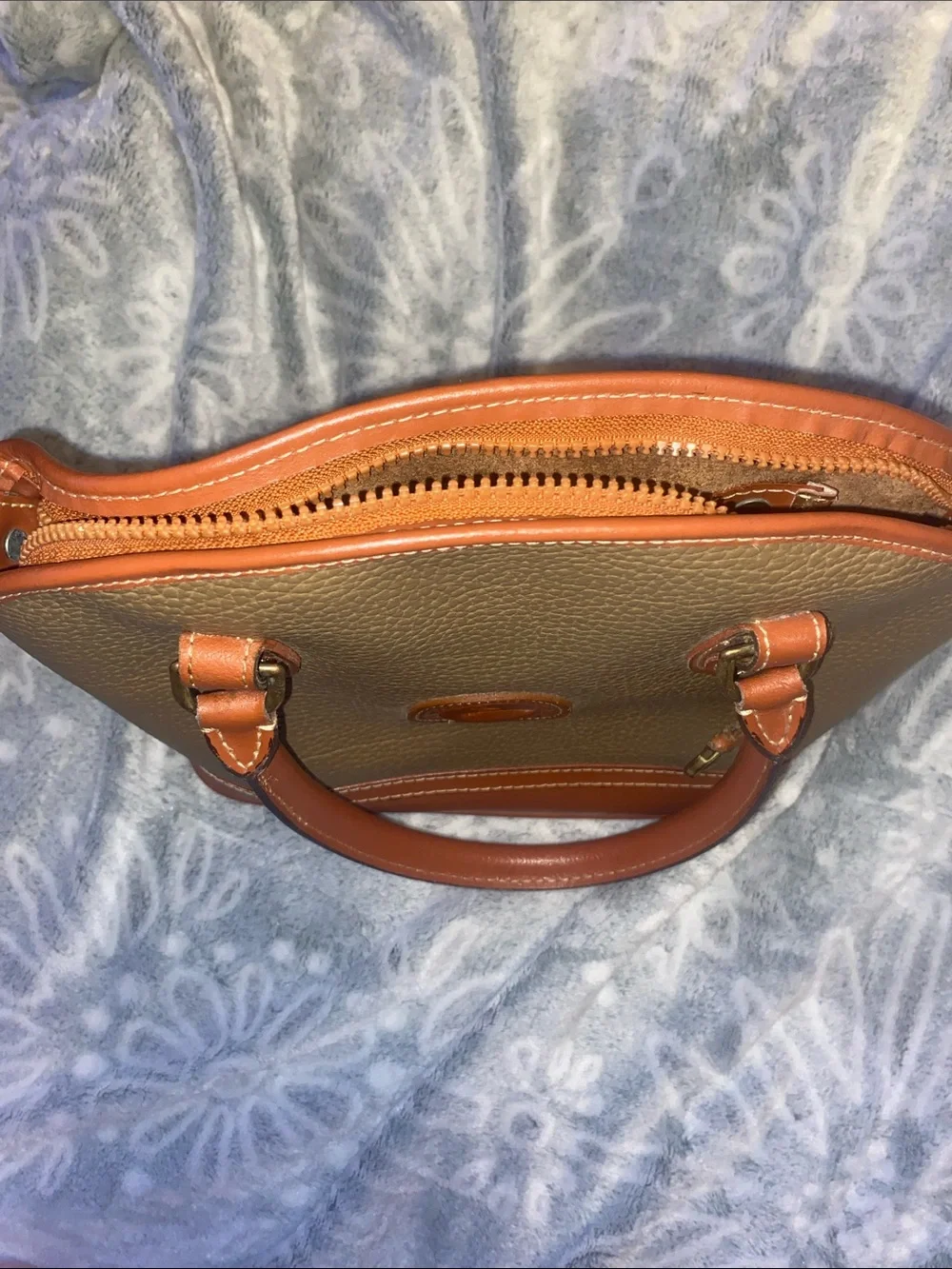 Dooney & Bourke Olive Pebbled Leather Satchel with Tan Trim